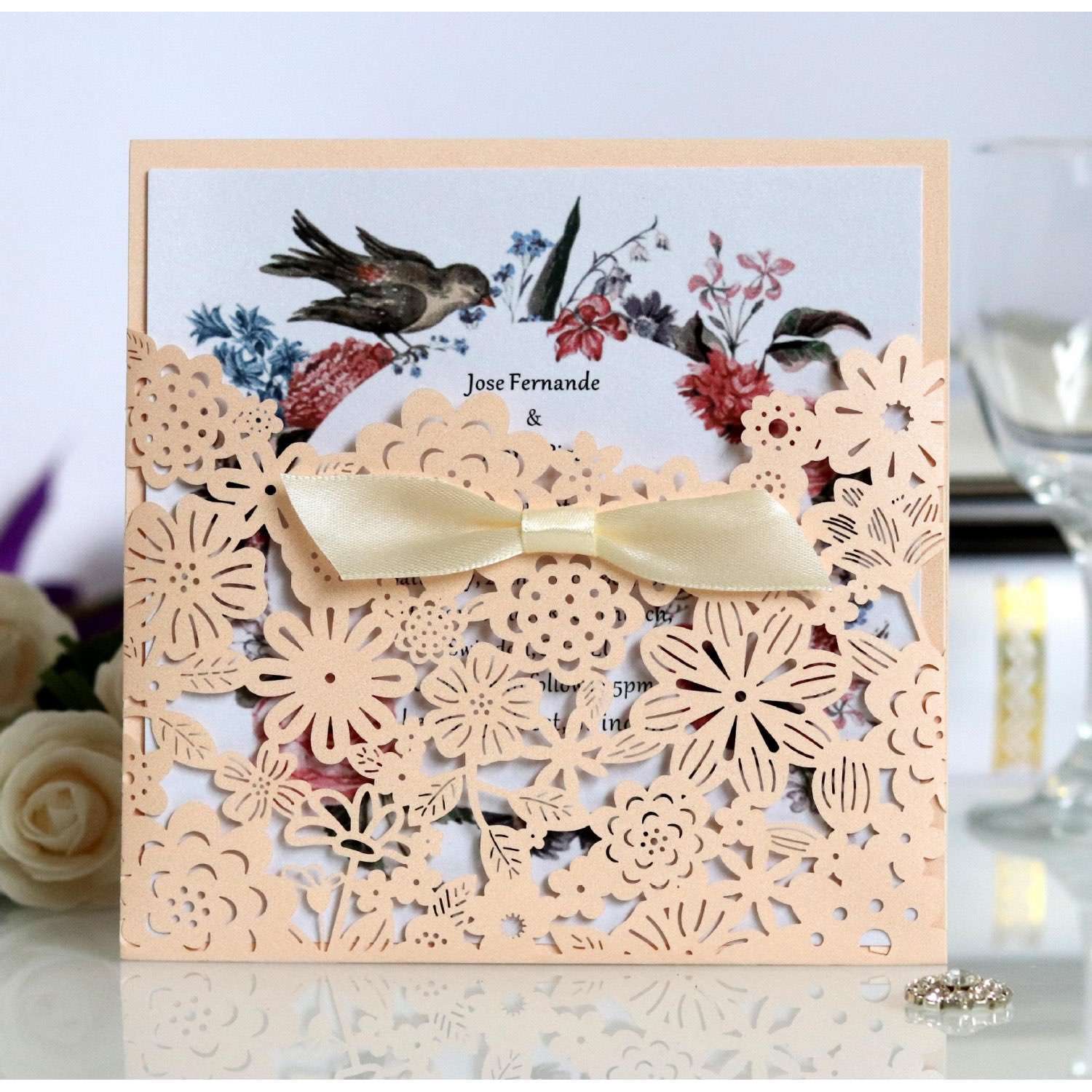 Pink Wedding Card Design Laser Cut  Square Invitation Card Customization 